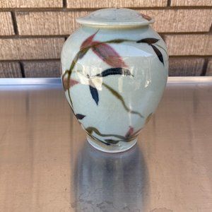 Glenn Burris Pottery Ginger Jar Lidded Vase Blue Lavender Stems Design Signed